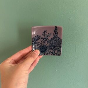 NWT Purple Trinket Ring Dish 3” Square - Glass Art - Floral